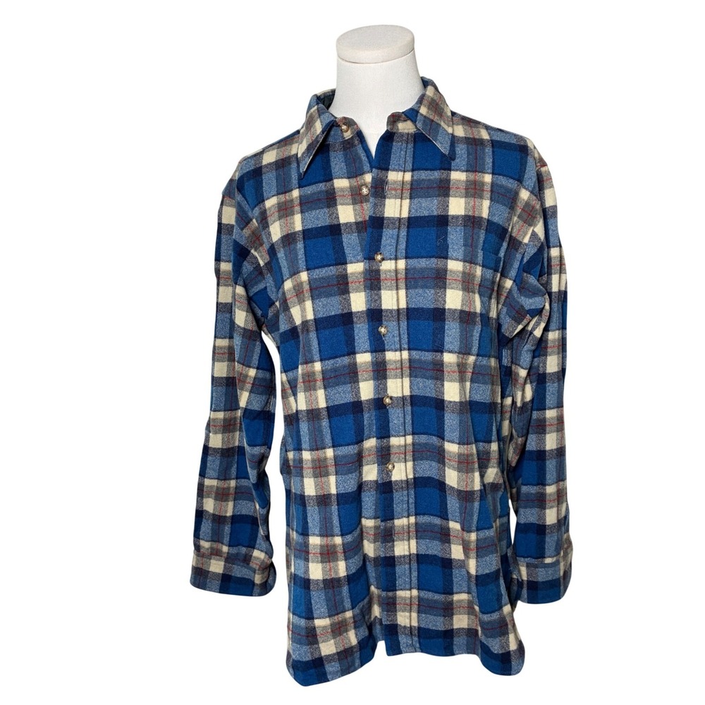 70s Vintage Pendleton Wool Flannel Shirt Blue Cream Plaid Made USA Mens M